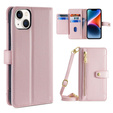 Klopové pouzdro pro iPhone 14, Wallet Zipper Pocket, růžové