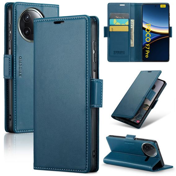 Pouzdro pro Xiaomi Poco F7 Pro, ERBORD Glossy Litchi, flipová peněženka, modré
