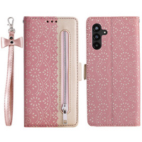 Flipové pouzdro pro Samsung Galaxy A35 5G, Wallet Pocket Zipper Lace, růžové