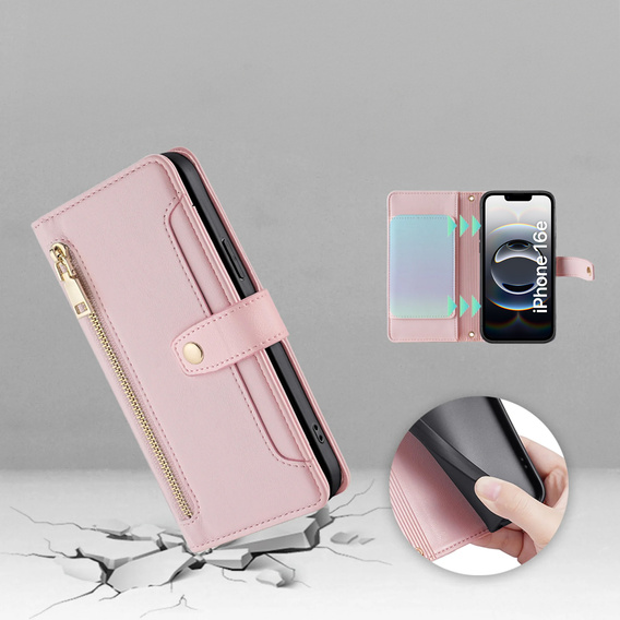 Klopové pouzdro pro iPhone 16E, Wallet Zipper Pocket, růžové