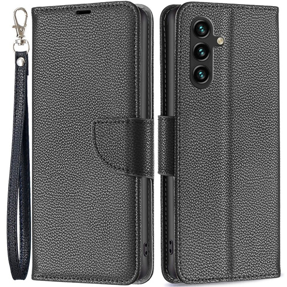 Klopové pouzdro pro Samsung Galaxy A15, Wallet Litchi Leather, černé + 9H sklo 