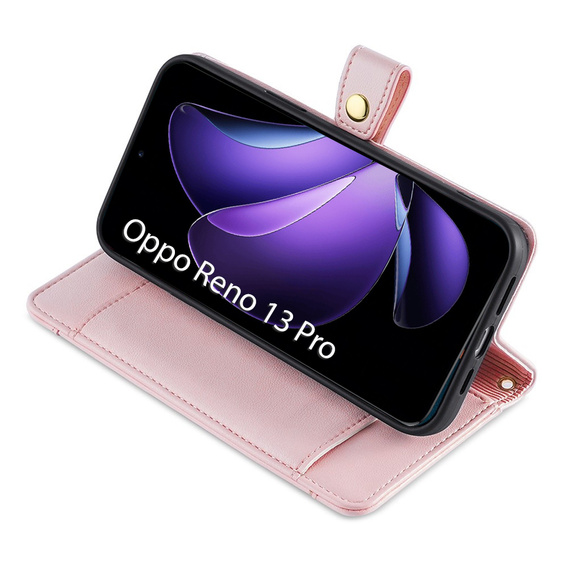 Klopové pouzdro pro Oppo Reno 13 Pro, Wallet Zipper Pocket, růžové