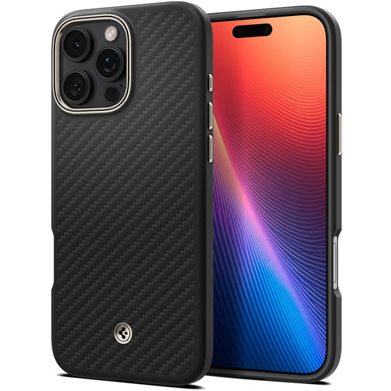 Pouzdro Spigen pro iPhone 16 Pro Max, Enzo Aramid MagSafe, carbon černé + 9H tvrzené sklo