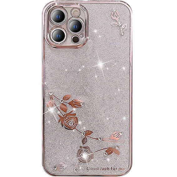 Pouzdro pro iPhone 14 Pro, Glitter Flower, růžové rose gold