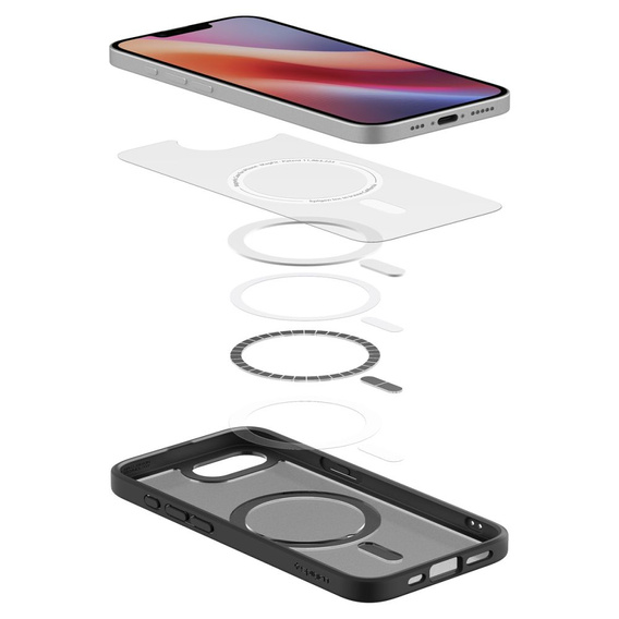 Pouzdro MagSafe Spigen pro iPhone 16E, Ultra Hybrid, transparentní / černé + 9H tvrzené sklo
