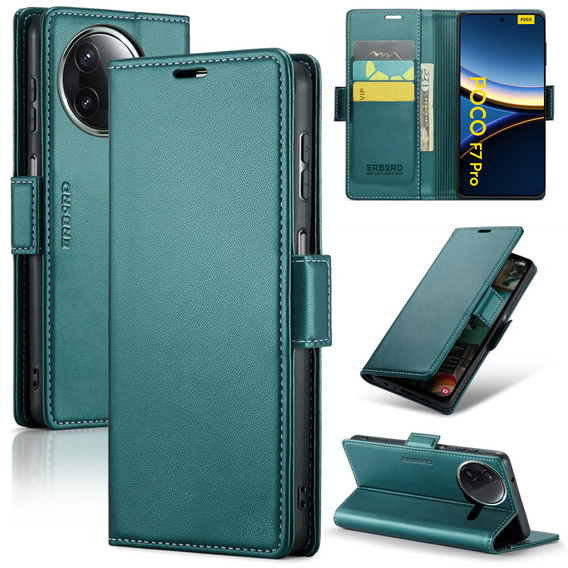 Pouzdro pro Xiaomi Poco F7 Pro, ERBORD Glossy Litchi, flipová peněženka, zelené