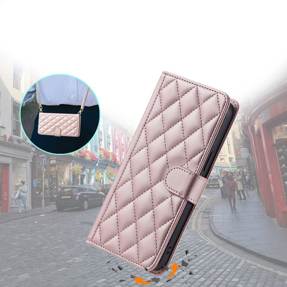 Pouzdro s klopou pro iPhone 16 Plus, Rhombus Crossbody Leather, růžové rose gold