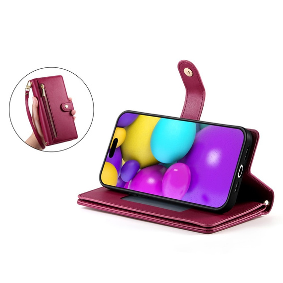 Klopové pouzdro pro iPhone 16 Plus, Wallet Zipper Pocket, červené