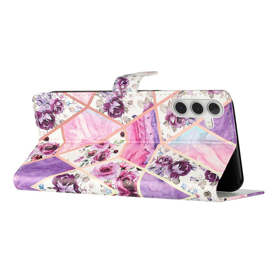 Klopové pouzdro pro Samsung Galaxy A25 5G, Wallet, marble & flowers, růžové + 9H sklo 