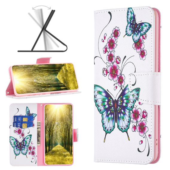 Klopové pouzdro pro Xiaomi Redmi Note 13 5G, Wallet, Butterflies & Flowers bílé