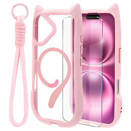 Pouzdro pro iPhone 16, pro MagSafe, Cute Cat, růžové + sklo na displej