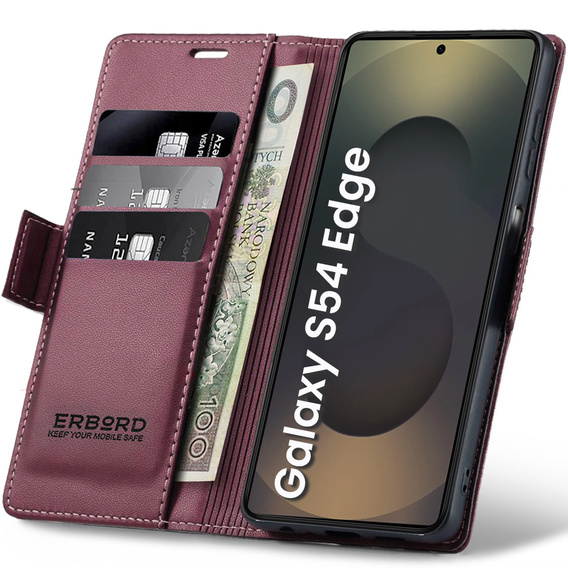Pouzdro pro Samsung Galaxy S25 Edge, ERBORD Glossy Litchi, flipová peněženka, červené
