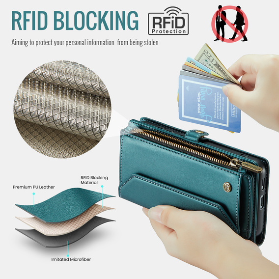 Pouzdro CASEME pro Samsung Galaxy S25 FE, RFID Leather Wallet, s popruhem přes rameno, zelené