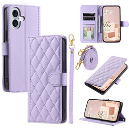 Pouzdro s klopou pro iPhone 16, Rhombus Crossbody Leather, fialové