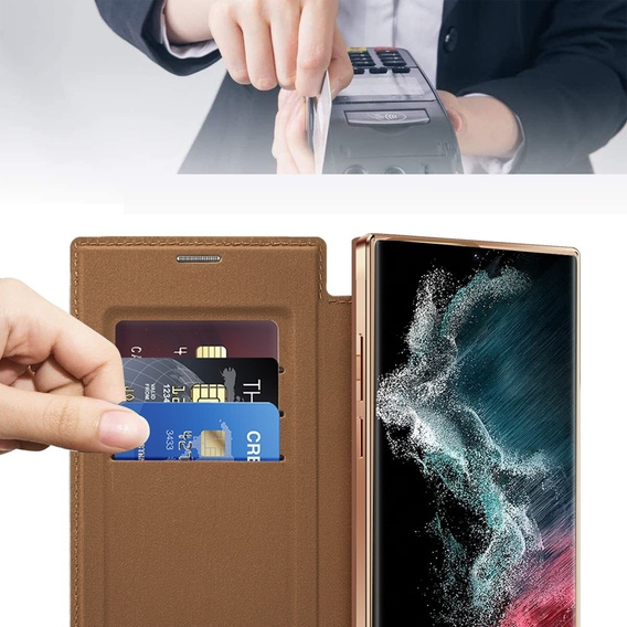 Klopové pouzdro pro Samsung Galaxy S22 Ultra 5G, RFID Wallet MagSafe CamShield, hnědé