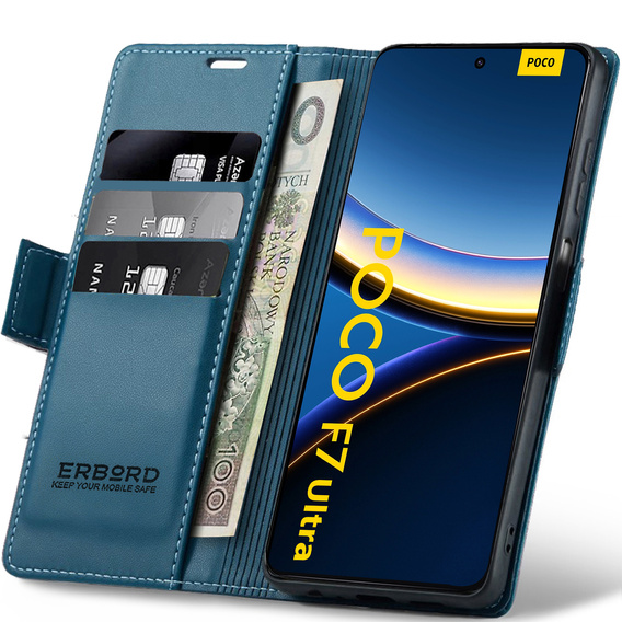 Pouzdro pro Xiaomi Poco F7 Ultra, ERBORD Glossy Litchi, flipová peněženka, modré