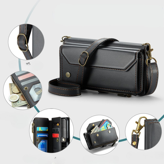 Pouzdro CASEME pro iPhone16e, RFID Leather Wallet, s popruhem přes rameno, černé