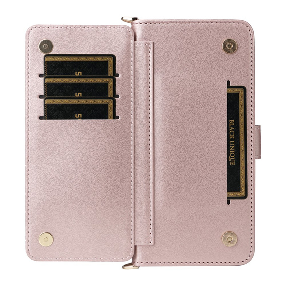 Flipové pouzdro pro Realme 14 Pro+ 5G, Crossbody Leather Wallet, růžové rose gold