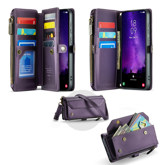 Pouzdro CASEME pro Samsung Galaxy S25 FE, RFID Leather Wallet, s popruhem přes rameno, fialové