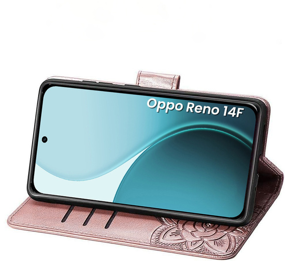 Klopové pouzdro pro Oppo Reno 14F, peněženka, Butterfly, růžové zlato