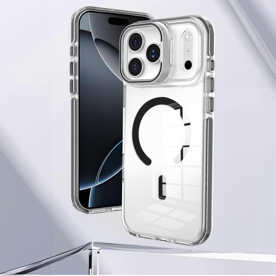 Pouzdro pro iPhone 17 Pro Max, pro MagSafe, se stojánkem, průhledné s černými vložkami