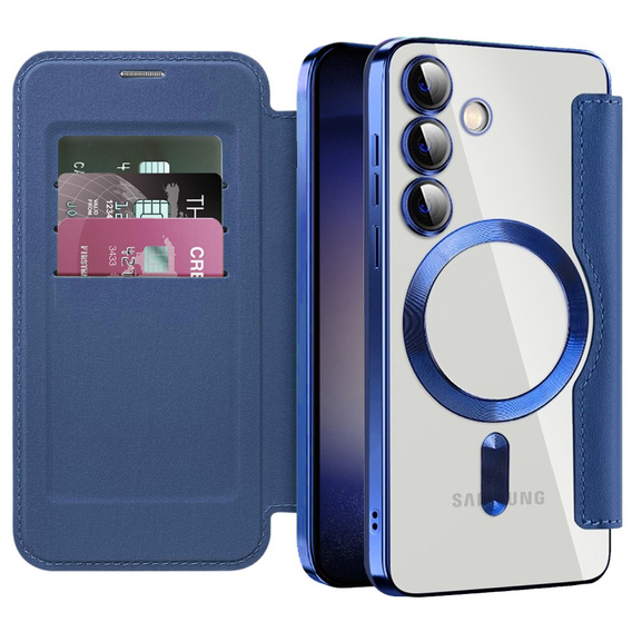 Klopové pouzdro pro Samsung Galaxy S24+ Plus, RFID Wallet MagSafe CamShield, námořnicky modré