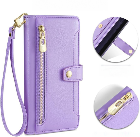 Klopové pouzdro pro iPhone 16E, Wallet Zipper Pocket, fialové