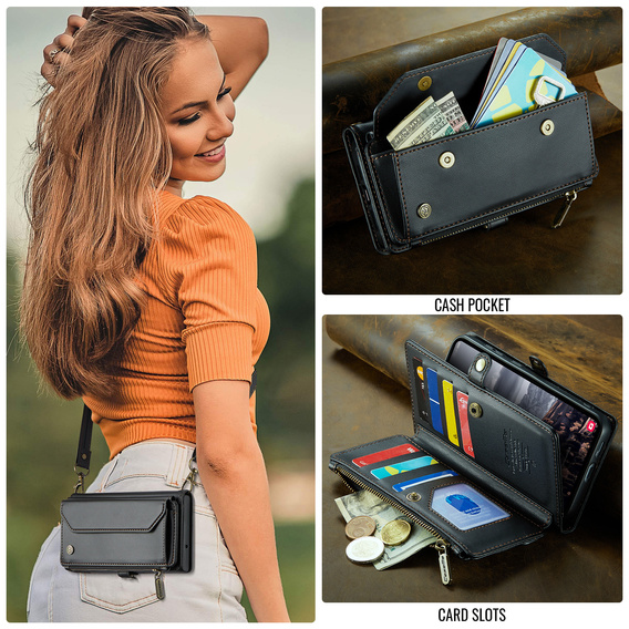 Pouzdro CASEME pro Samsung Galaxy S25 FE, RFID Leather Wallet, s popruhem přes rameno, černé