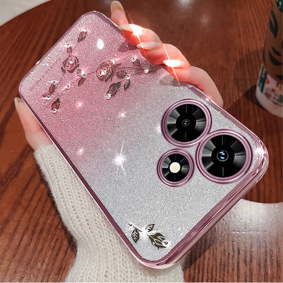 Pouzdro pro Infinix Hot 30, Glitter Flower, růžové rose gold