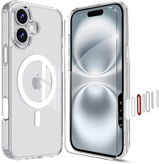 Pouzdro ERBORD MagSafe pro iPhone 16, aktivní tlačítko, průhledné + sklo na displej