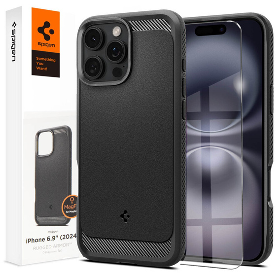 Pouzdro Spigen pro iPhone 16 Pro Max, Rugged Armor MagSafe, černé + tvrzené sklo 9H
