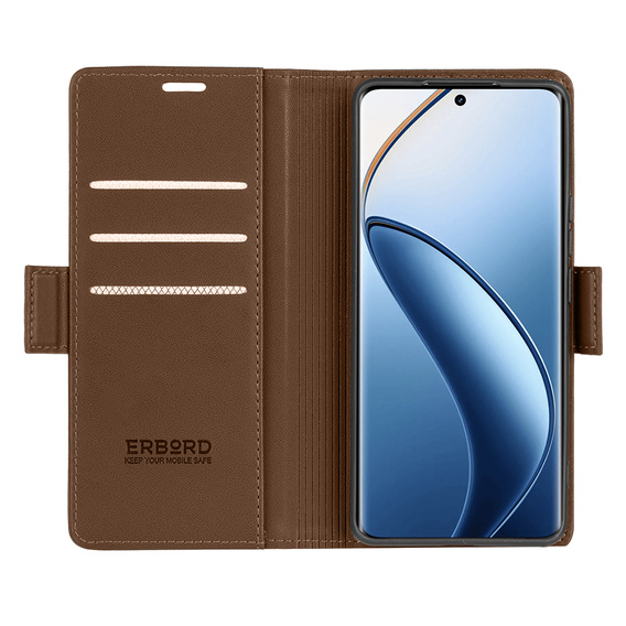 Pouzdro pro Realme 12 Pro 5G / 12 Pro+ 5G, ERBORD Glossy Litchi, flipová peněženka, hnědé