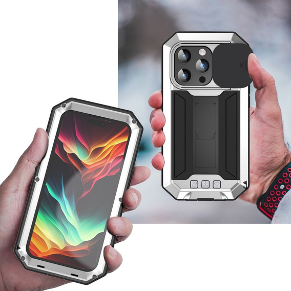 Pouzdro pro iPhone 15 Pro, R-JUST CamShield Slide, pancéřované, stříbrné / černé