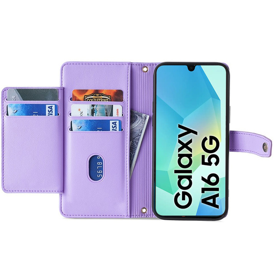 Klopové pouzdro pro Samsung Galaxy A16, Wallet Zipper Pocket, fialové