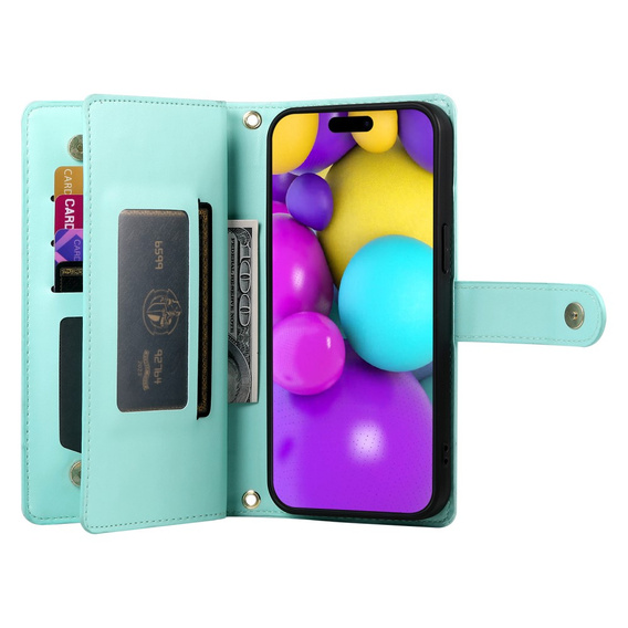 Klopové pouzdro pro iPhone 16, Wallet Zipper Pocket, zelené