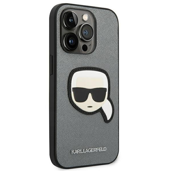 Pouzdro Karl Lagerfeld pro iPhone 14 Pro Max, Saffiano Karl's Head Patch, stříbrné