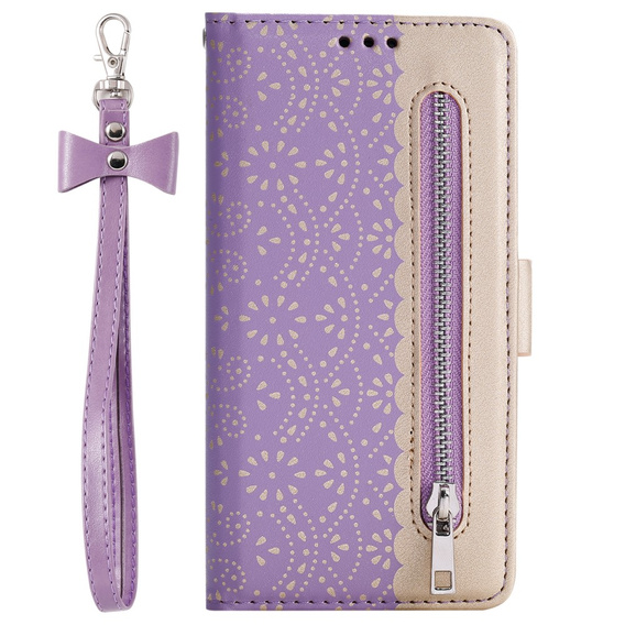 Flipové pouzdro pro Samsung Galaxy S22+ Plus 5G, Wallet Pocket Zipper Lace, fialové