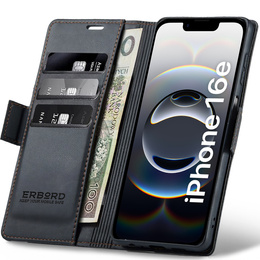 Pouzdro pro Iphone 16E, ERBORD Glossy Litchi, flipová peněženka, černé
