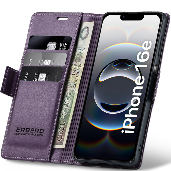 Pouzdro pro Iphone 16E, ERBORD Glossy Litchi, flipová peněženka, fialové