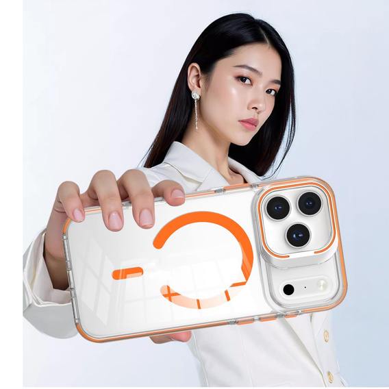 Pouzdro pro iPhone 17 Pro, pro MagSafe, se stojánkem, průhledné s oranžovými vložkami