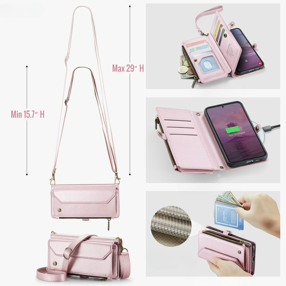 Pouzdro CASEME pro Samsung Galaxy S24 FE, RFID Leather Wallet, s popruhem přes rameno, růžové