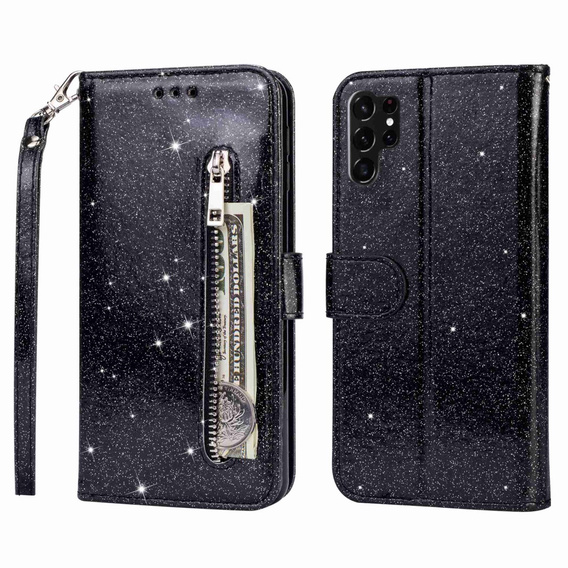 Klopové pouzdro pro Samsung Galaxy S24 Ultra, Wallet Zipper Pocket Glittery, černé
