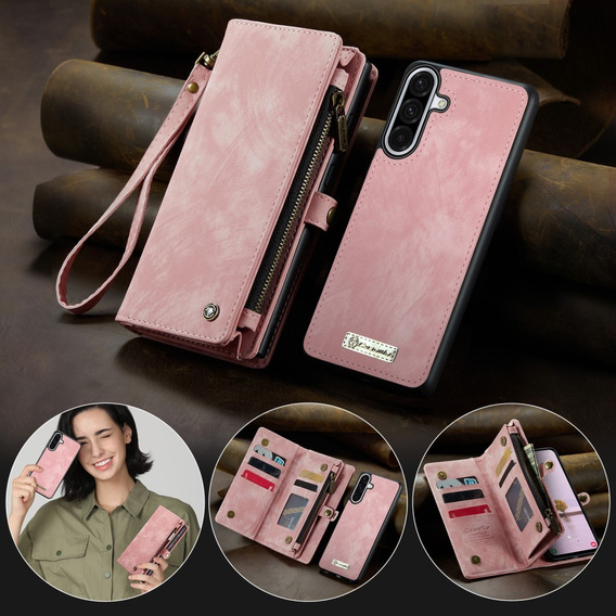 CASEME pouzdro pro Samsung Galaxy A56 5G, Retro Leather Wallet, s páskem, růžové