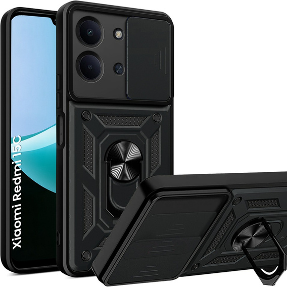 Pancéřové pouzdro pro Xiaomi Redmi 15C 4G/LTE, s ochranou fotoaparátu, se stojánkem, černé