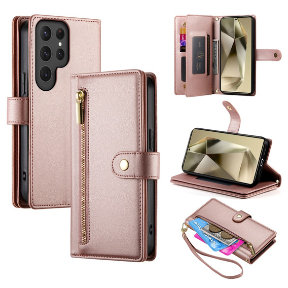 Klopové pouzdro pro Samsung Galaxy S25 Ultra, Wallet Zipper Pocket, růžové