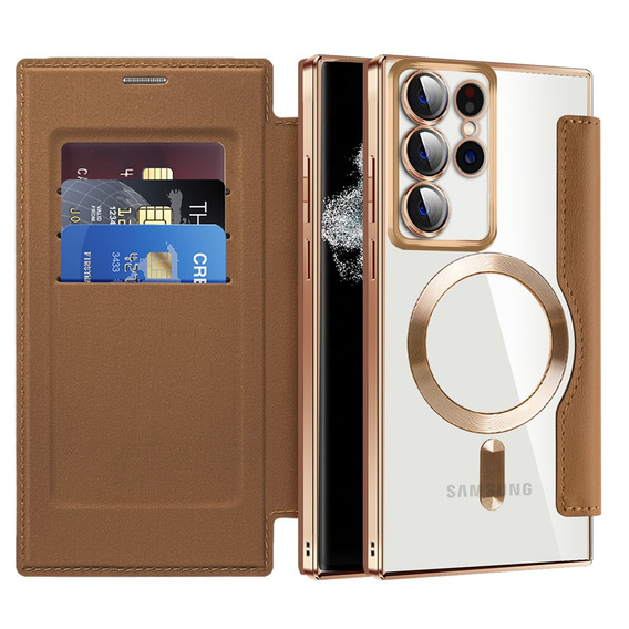 Klopové pouzdro pro Samsung Galaxy S22 Ultra 5G, RFID Wallet MagSafe CamShield, hnědé