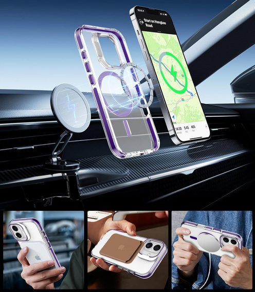 Pouzdro pro iPhone 17, pro MagSafe, se stojánkem, průhledné s fialovými vložkami