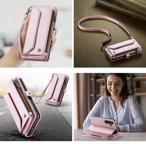 Pouzdro CASEME pro Samsung Galaxy A55 5G, RFID Leather Wallet, s popruhem přes rameno, růžové
