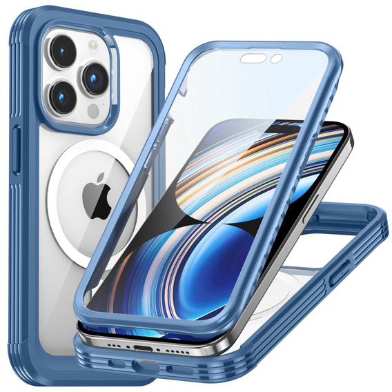 Pouzdro pro iPhone 15 Pro, Armoured Full Protect 360° pro MagSafe, sklo na displej, modré