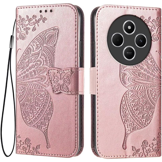 Klopové pouzdro pro Xiaomi Redmi 14C / Xiaomi Poco C75, Butterfly, růžové rose gold